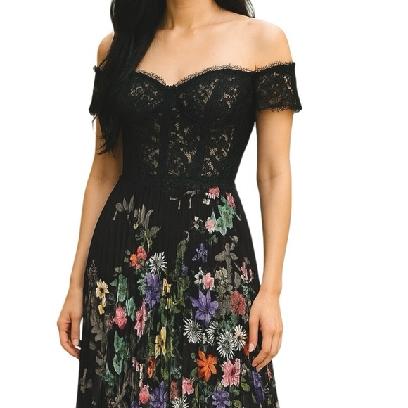 Teri Jon by Rickie Freeman Lace Off Shoulder Bodice Floral Pleated Midi Dress - Picture 4 of 13